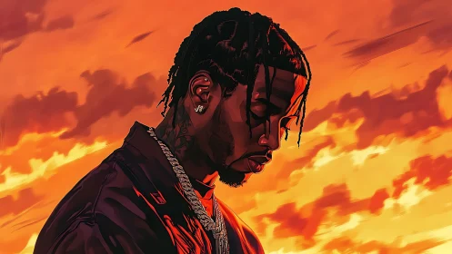 Profile portrait of braided man in sunset-lit orange sky