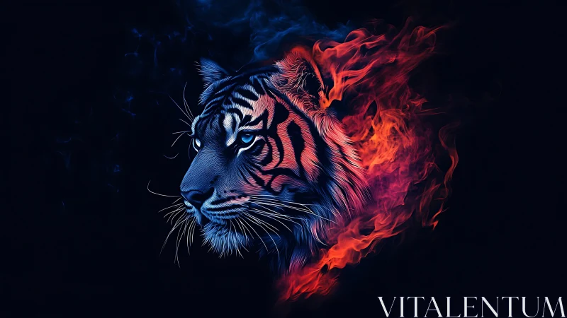 Tiger head illustration merges blue highlights with red flames