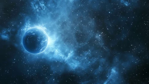 Blue exoplanet in ionized nebular cloud with stellar backdrop