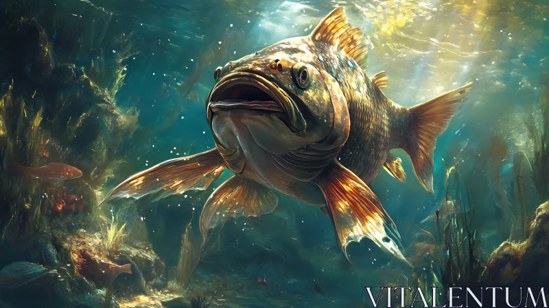 Titan trout glides through sun-splintered underwater cathedrals