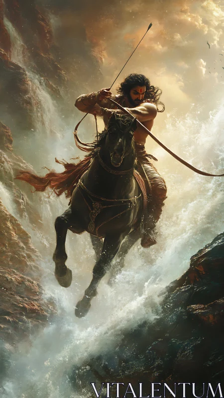 Warrior on rearing black horse charges through cascading water