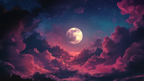 Luminous full moon framed by magenta storm clouds at dusk.