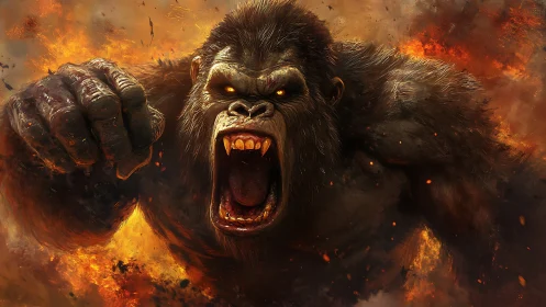 Titanic flaming gorilla charge in explosive digital fury.