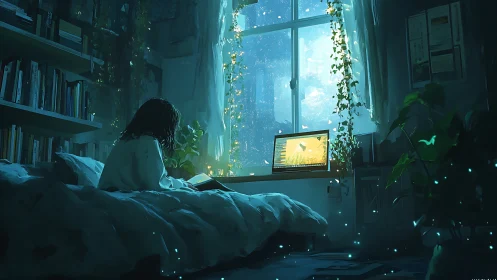 Cozy night reader basking in a softly glowing window dream.