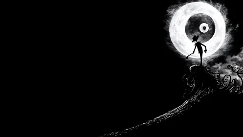 Silhouette on curved hill before large circular moon form.