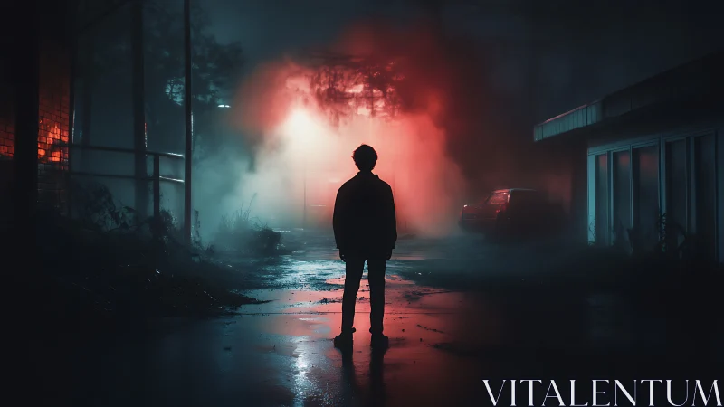 Silhouetted figure stands in foggy neon lit urban alleyway.