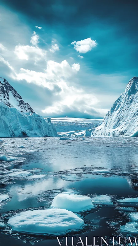 Polar seascape shows icebergs, sea ice, and stratified clouds