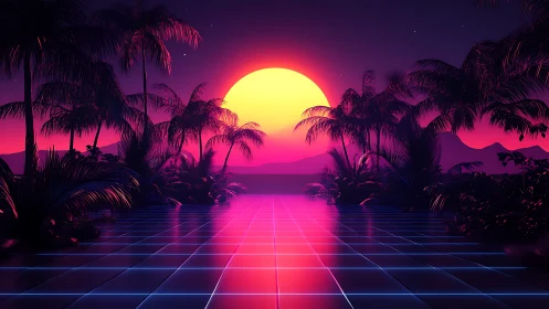 Neon sunset glows over a dreamy retro palm-lined shore