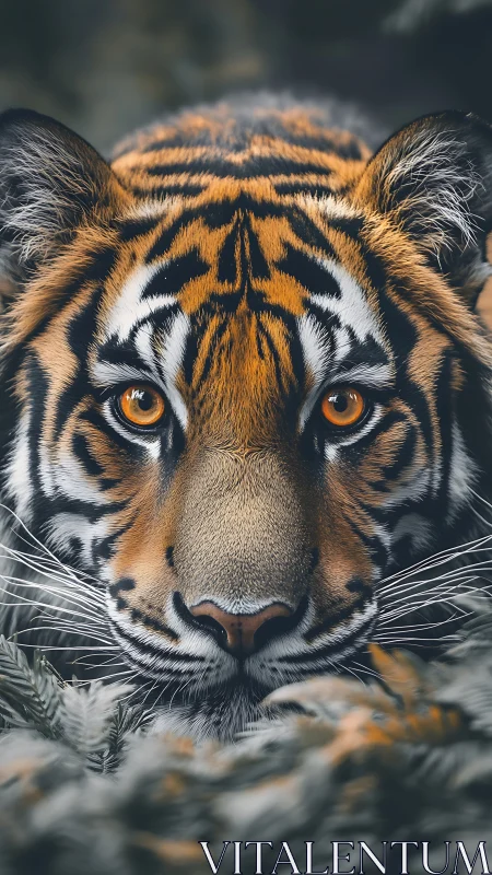 Tiger face fills frame in centered, frontal close-up view