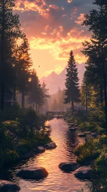 Sunlit forest river reflects blazing alpine sunset glow.