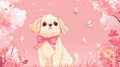 Springtime puppy with pink bow amid fluttering petals.