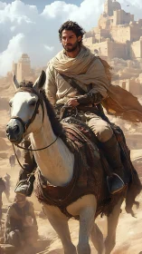 Desert rider surveys sandstone fortress under high sun.