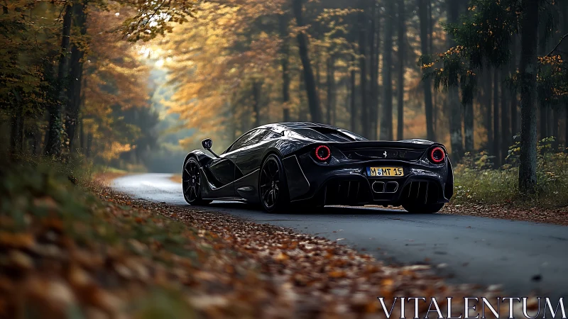 Exotic black supercar curves through a quiet autumn forest road.