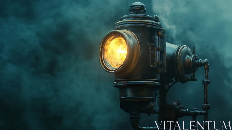 Industrial steampunk searchlight in dense teal foggy air.