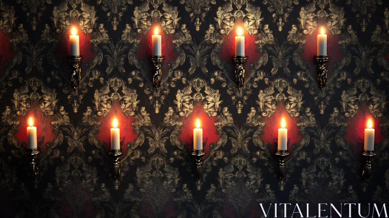 Candles mounted on patterned wall emit uniform warm light
