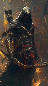 Mysterious hooded archer walking through swirling embers.