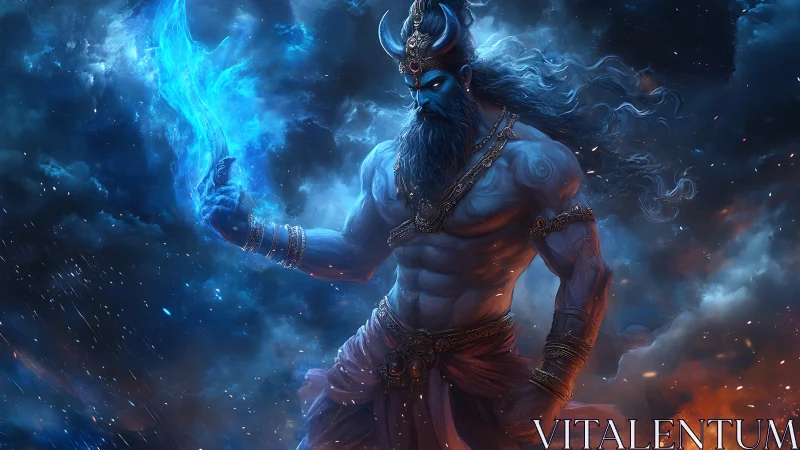 Blue-skinned mythic figure holds blue flame in storm sky