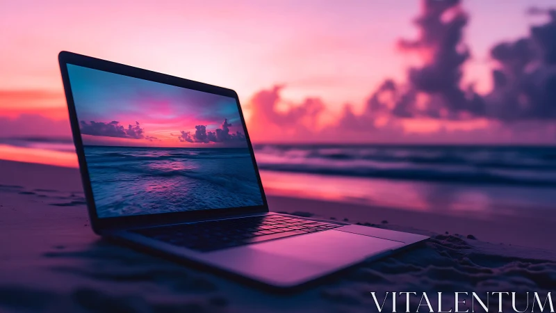 Photoreal laptop at dusk beach with mirrored horizon display.
