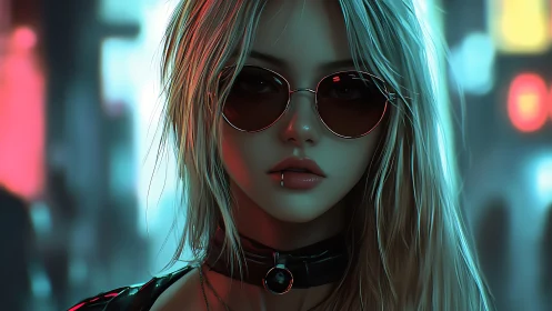 Cyberpunk girl in neon city lights stares defiantly ahead.