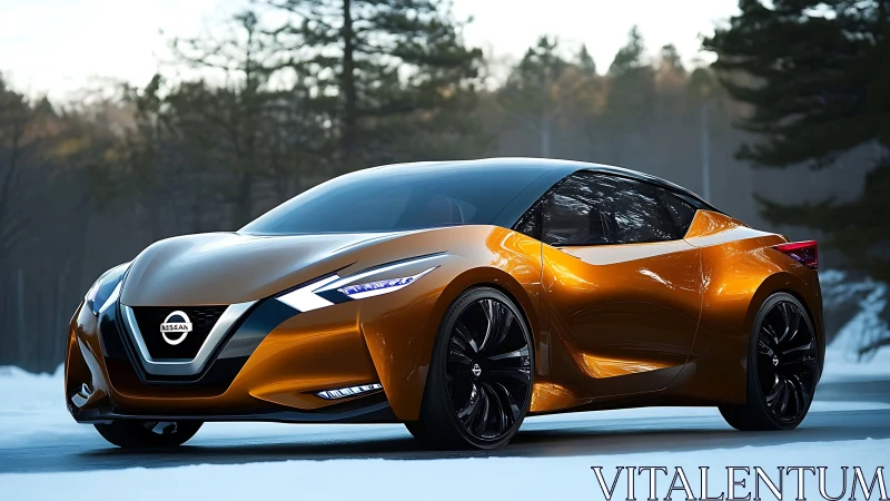 Sleek golden Nissan concept car glowing in snowy forest.