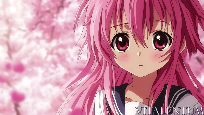 Pink haired anime schoolgirl under soft cherry blossoms.