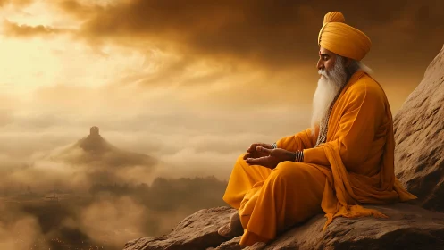 Golden-robed sage in serene mountain sunrise meditation.