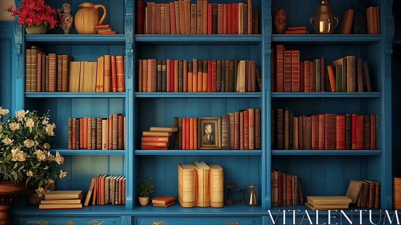 Vintage library shelves fill ornate blue wall with warm books