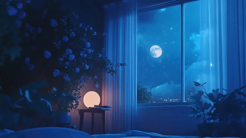 Moonlit bedroom interior shows window view of night sky