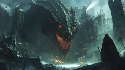 Enormous dragon descends on frozen fortress in stormy night