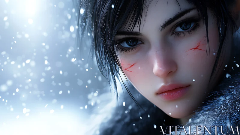 Close-up snowy portrait of scarred girl in high-detail 3D render