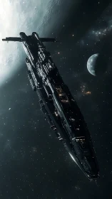 Elongated modular star cruiser in orbital transit near cratered moon