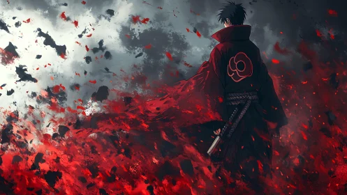 Solitary anime figure in red cloak amid abstract embers.