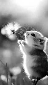 Baby hamster cradles dandelion fluff in dreamy sunlight.