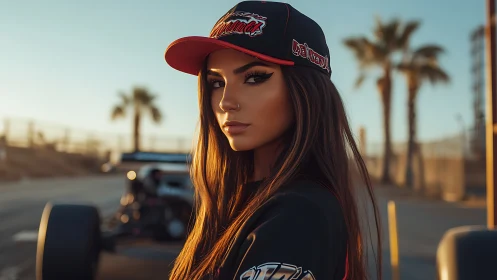 Sunset pit-lane muse in racing cap and desert glow.