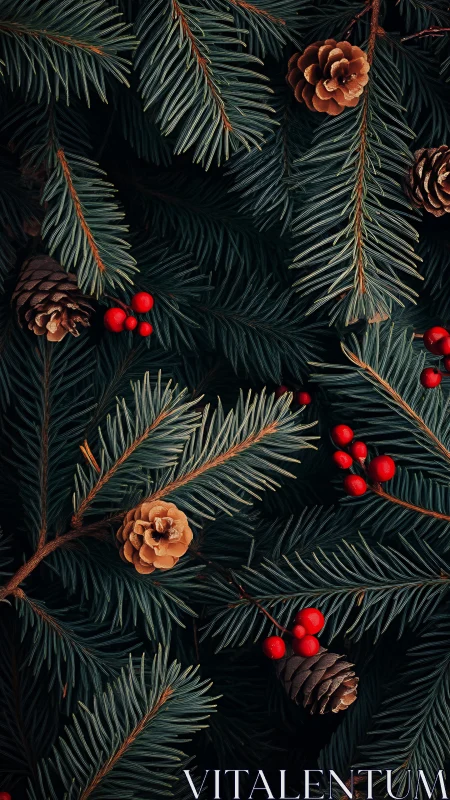 Evergreen fir foliage with pine cones and red berries arranged decoratively