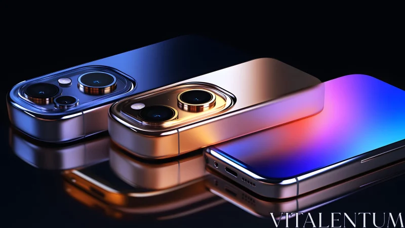 Modern smartphones with metallic finishes in vibrant studio lighting.
