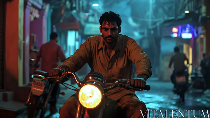Nocturnal rider in cinematic neon-lit alleyway composition.