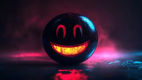 Glowing neon smiley sphere in cinematic red blue foggy lighting