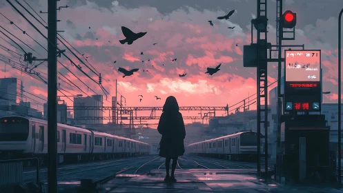 Soft dusk gathers around a lone traveler on quiet rails
