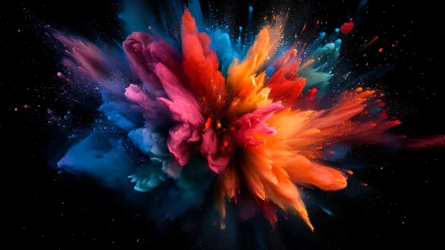 Explosive burst of multicolored powder on black background.
