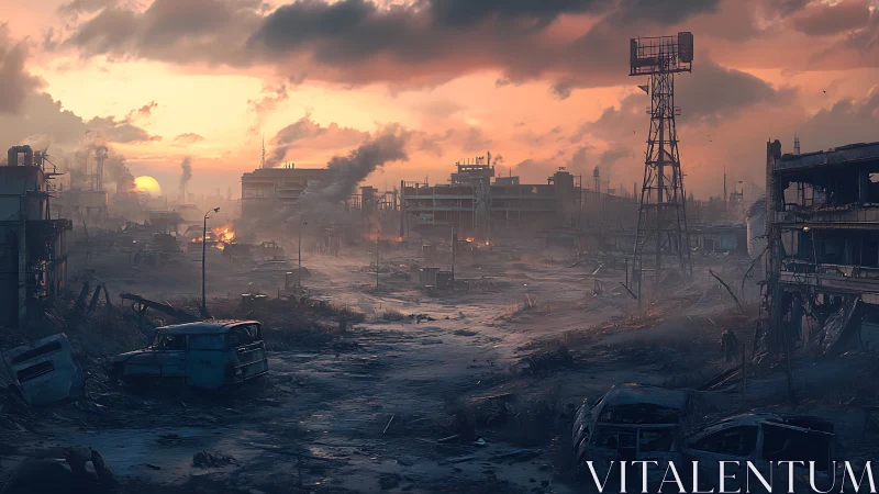 Sunset smolders over a ruined post apocalyptic industrial cityscape.