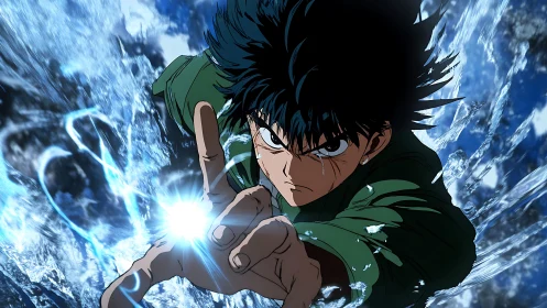 Male anime fighter generating focused blue energy blast.