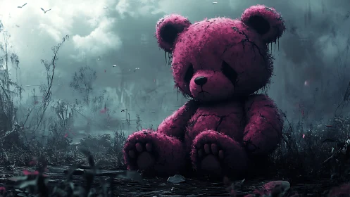 Degraded pink teddy bear dominates foggy, desaturated marshland