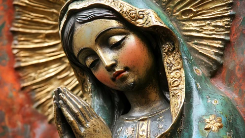 Gilded religious statue of veiled woman in close-up view.