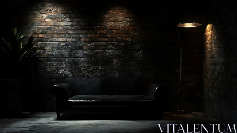 Moody leather sofa brooding under industrial brick glow.