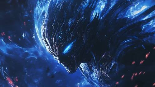 Alien energy entity with glowing blue eyes in the void.