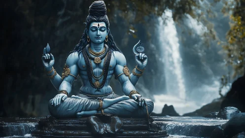 Blue deity statue meditates before misty forest waterfall