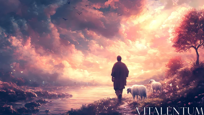 Shepherd wandering into a molten cotton-candy dawn sky.