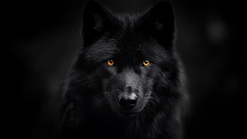 Black wolf portrait isolates amber eyes against deep void