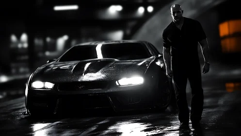 Man stands beside sleek sports car in rainy night street